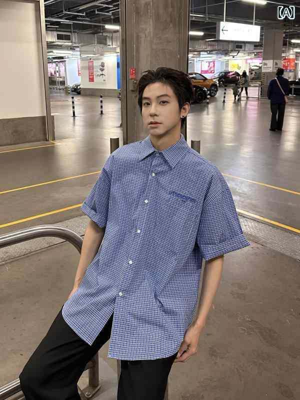 メンズ ファッション 春夏 秋冬 かっこいい オシャレ モテ 男性用 紳士 韓国 シンプル 大人 レトロ ブルー チェック柄 半袖 シャツ メンズ カジュアル 快適 シャツ ジャケット｜YKC8