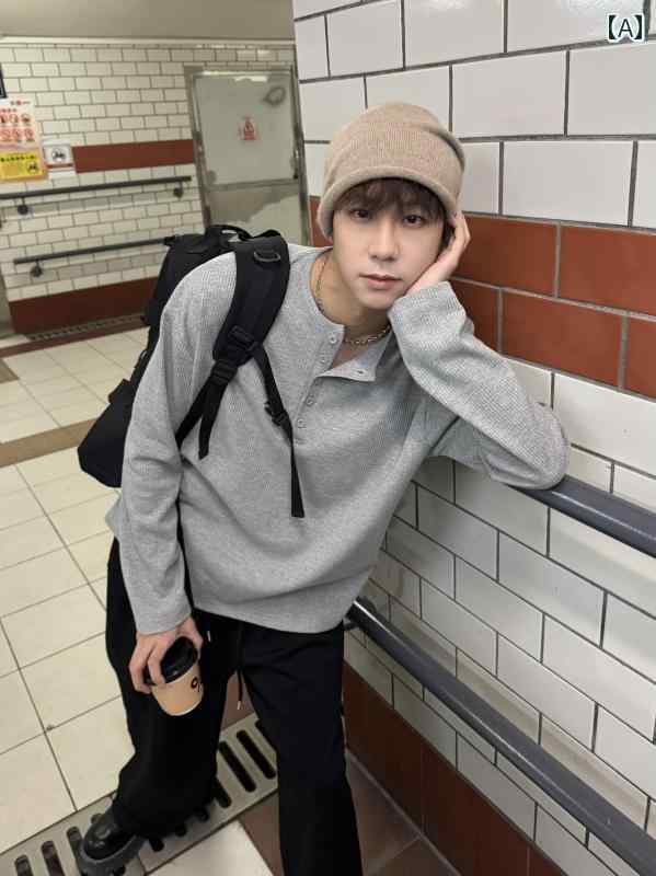 メンズ ファッション 春夏 秋冬 かっこいい オシャレ モテ 男性用 紳士  韓国 シンプル 大人 韓国 ヘンリー カラー 縦縞 長袖 T シャツ メンズ 春秋 ゆったり カジュアル ワッフル 重ね着 トップス
