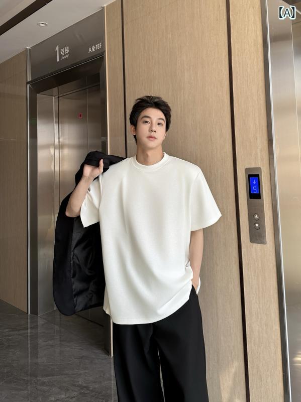 メンズ ファッション 春夏 秋冬 かっこいい オシャレ モテ 男性用 紳士 韓国 シンプル 大人 厚手 シンプル 無地 ショルダーパッド 半袖 T シャツ メンズ 夏 ラウンドネック ゆったり 半袖 トップス