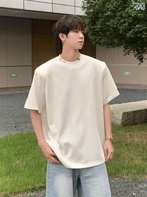 メンズ ファッション 春夏 秋冬 かっこいい オシャレ モテ 男性用 紳士 韓国 シンプル 大人 ヘビー ホット フル スター 半袖 T シャツ メンズ サマー メタルリング バックル ハーフスリーブ トップ
