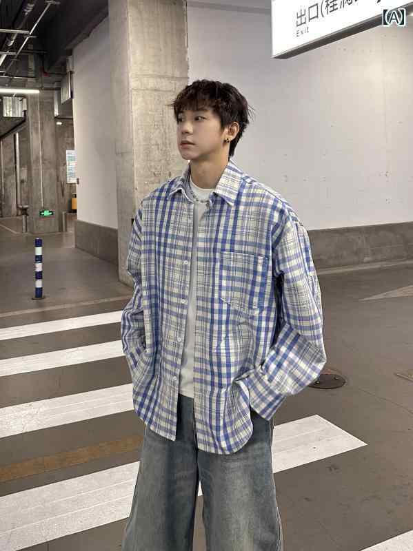 メンズ ファッション 春夏 秋冬 かっこいい オシャレ モテ 男性用 紳士 韓国 シンプル 大人 レトロ ブルー チェック柄 長袖 シャツ メンズ 春 ゆったり カジュアル シャツ|YKC8