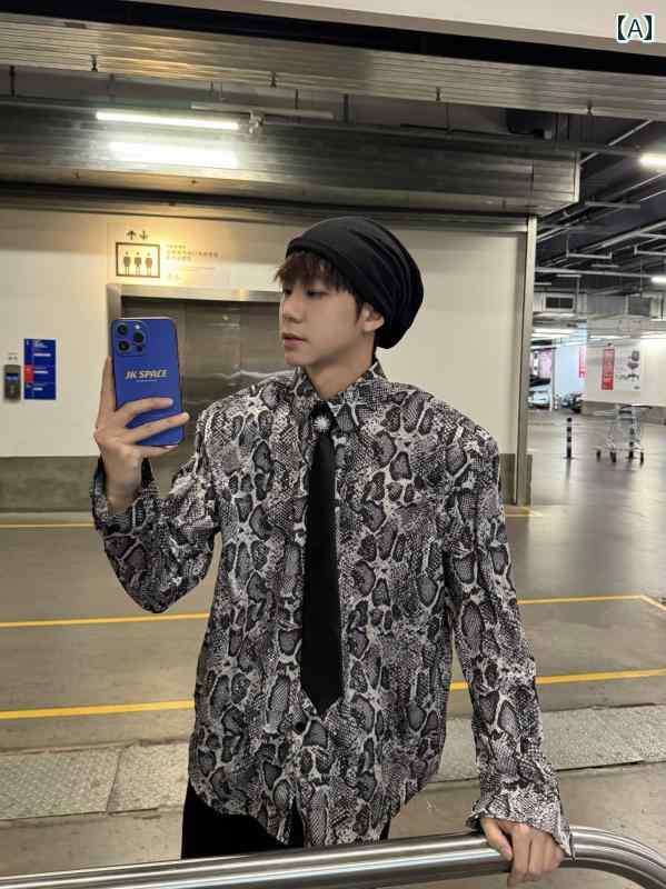 メンズ ファッション 春夏 秋冬 かっこいい オシャレ モテ 男性用 紳士 韓国 シンプル 大人 ネクタイ 蛇 柄 肩 パッド シャツ メンズ 春 ダーク シャツ