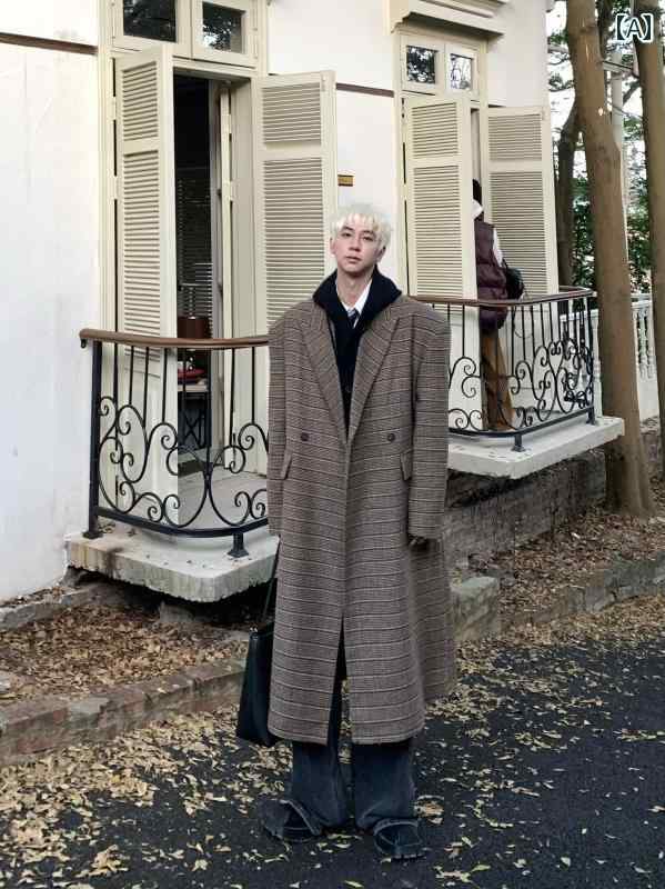 メンズ ファッション 春夏 秋冬 かっこいい オシャレ モテ 男性用 紳士 韓国 シンプル 大人 チェック柄 ショルダーパッド ウール コート メンズ 秋冬 ロング 丈 膝上 丈 ウール ウィンドブレーカー ジャケット｜YKC8