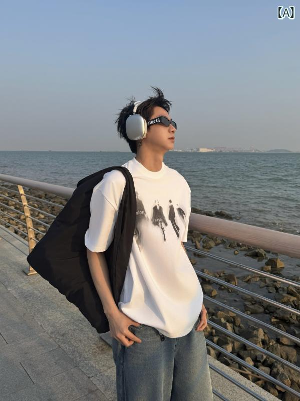 メンズ ファッション 春夏 秋冬 かっこいい オシャレ モテ 男性用 紳士 韓国 シンプル 大人 韓国 レトロ ストリート ポートレート プリント 半袖 T シャツ 男女兼用 ゆったり カジュアル 快適 半袖 トップス