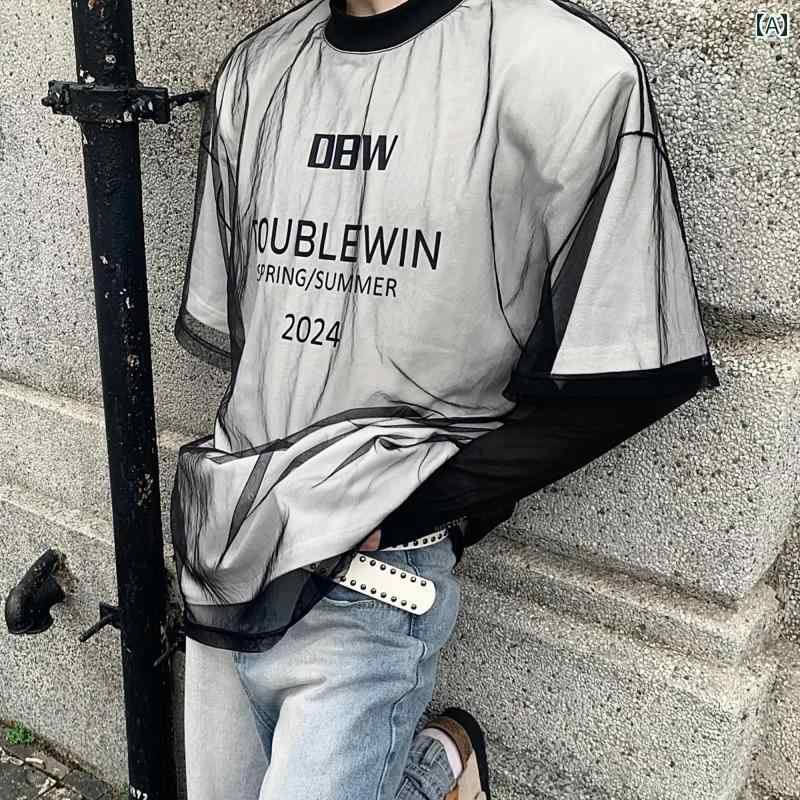 メンズ ファッション 春夏 秋冬 かっこいい オシャレ モテ 男性用 紳士服 服 韓国 シンプル 大人 フェイ ツーピー メッシュ ウンドネッ 半袖 T シャツ 男性用 夏 半袖 T シャツ