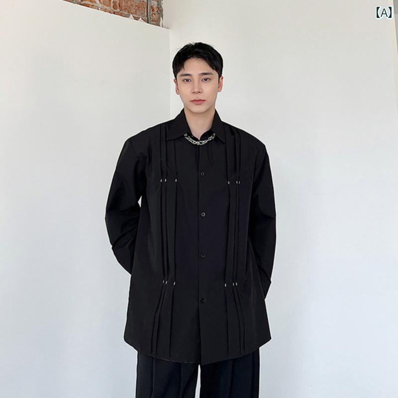 メンズ ファッション 春夏 秋冬 かっこいい オシャレ モテ 男性用 紳士服 服 韓国 シンプル 大人 テッチ プリーツ ショルダーパッド シャツ メンズ 長袖 カジュアル ドレープ ソリッドカー シャツ｜YKC8