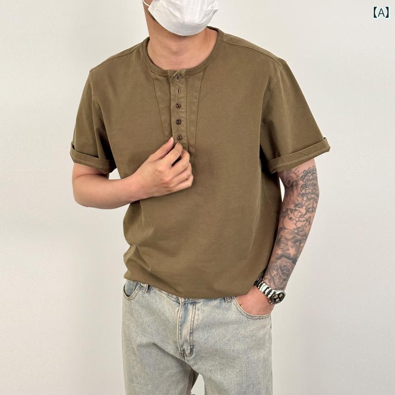 メンズ ファッション 春夏 秋冬 かっこいい オシャレ モテ 男性用 紳士服 服 韓国 シンプル 大人 アメリカン レトロ ヘビーウェイト 半袖 T シャツ 夏用 メンズ ウォッシュ 加工 ダメージ 加工 ゆったり 半袖 ヘンリー カー T シャツ|YKC8