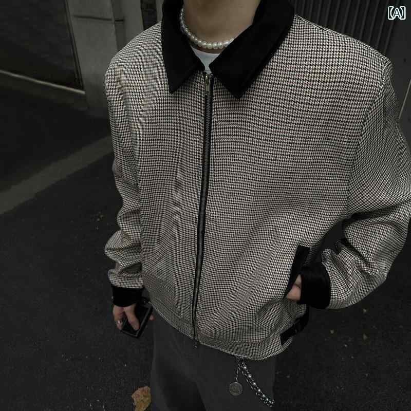 メンズ ファッション 春夏 秋冬 かっこいい オシャレ モテ 男性用 紳士服 服 韓国 シンプル 大人 アメリカン レトロ リーン フィット 千鳥格子 ショート ジャケット メンズ 春秋 ダル ジッパー ジャケット