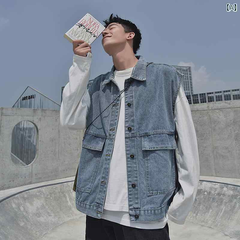 メンズ ファッション 春夏 秋冬 かっこいい オシャレ モテ 男性用 紳士服 服 韓国 シンプル 大人 ウォッシュ 加工 デニム ベト メンズ 夏 薄手 ノーリー T シャツ カジュアル チョッキ ベト ジャケット