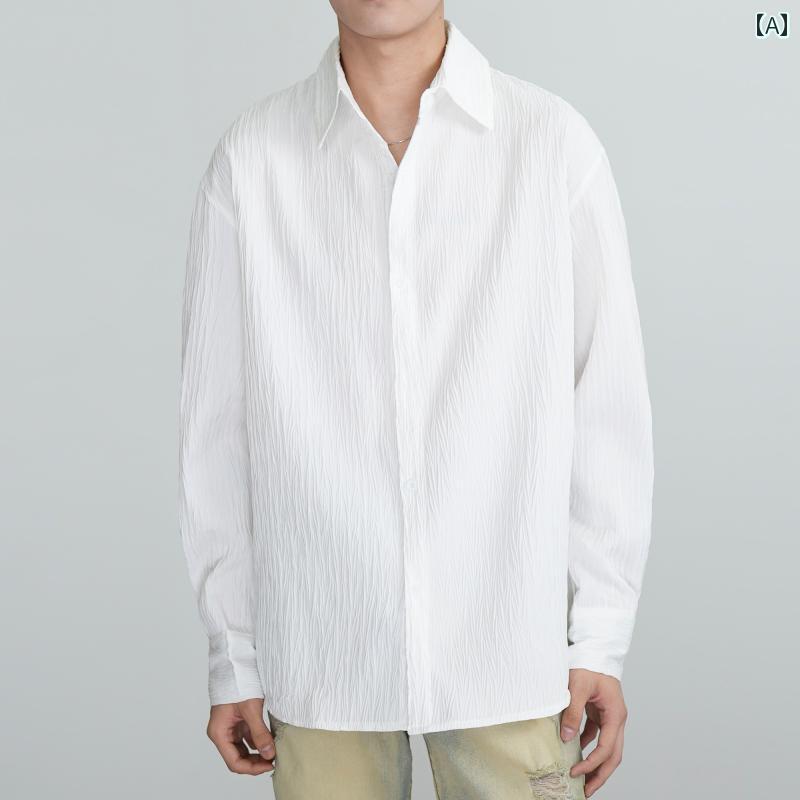メンズ ファッション 春夏 秋冬 かっこいい オシャレ モテ 男性用 紳士服 服 韓国 シンプル 大人 高級 質感 プリーツ シャツ メンズ 長袖 春秋 韓国 カジュアル ドレープ 白 シャツ|YKC8