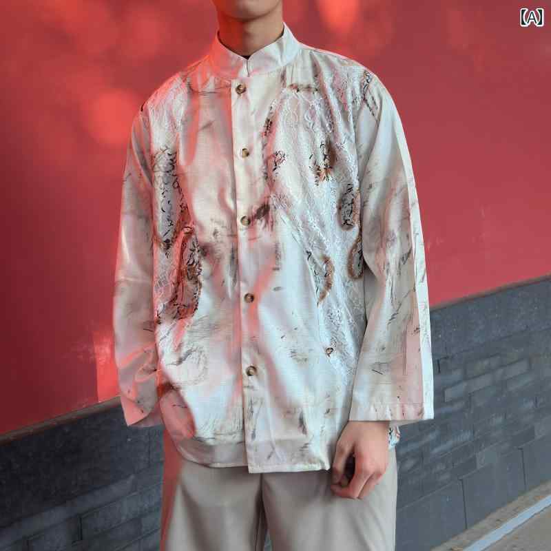 メンズ ファッション 春夏 秋冬 かっこいい オシャレ モテ 男性用 紳士服 服 韓国 シンプル 大人 民族風 レトロ プイシング ジャカード シャツ メンズ 長袖 カジュアル シャツ ジャケット