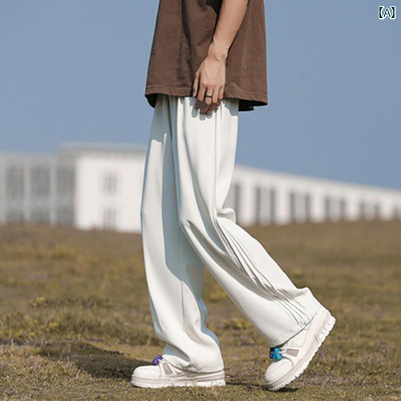 メンズ ファッション 春夏 秋冬 かっこいい オシャレ モテ 男性用 紳士服 服 韓国 シンプル 大人 トリート アメリカン ホワイト パンツ メンズ 夏 薄手 トレート レッグ ドレープ ワイド レッグ カジュアル ポーツ ロング パンツ|YKC8