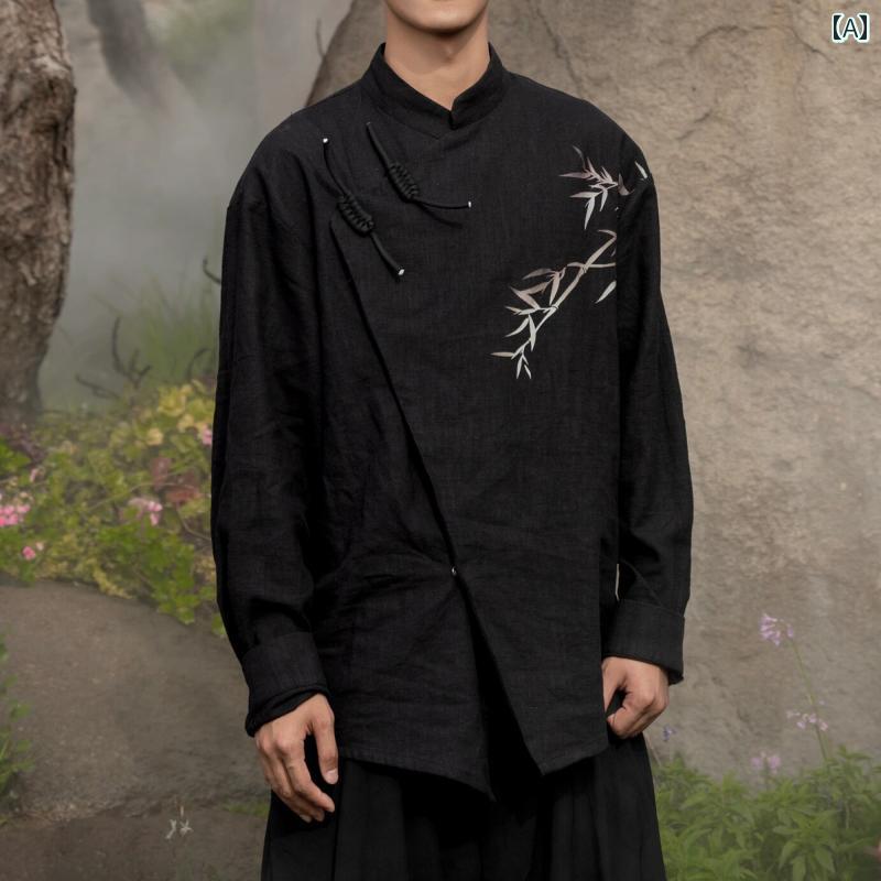 メンズ ファッション 春夏 秋冬 かっこいい オシャレ モテ 男性用 紳士服 服 韓国 シンプル 大人 チュニッ プリント 斜め 前立て リネン ボタン 長袖 シャツ メンズ ーツ シャツ