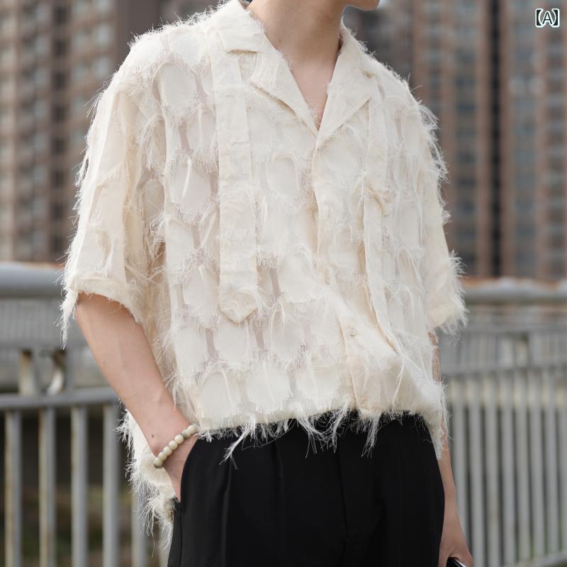 メンズ 流行り物 春夏 秋冬 かっこいい オシャレ モテ 成人男性用 成人男性服  服 韓国 分かりやすい 成年者 半袖 ティーシャツ メンズ 夏 透け透け 韓国 心地よい ドレープ 半袖 ティーシャツ トップス-カジュアルシャツ