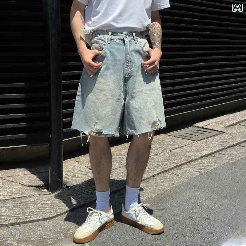 メンズ ファッション 春夏 秋冬 かっこいい オシャレ モテ 男性用 紳士服 服 韓国 シンプル 大人 アメリカン レトロ ウォッシュ 加工 リップ 加工 ダメージ 加工 施 デニムショートパンツ 夏 トレート カジュアル カジュアル パンツ 男性用|YKC8