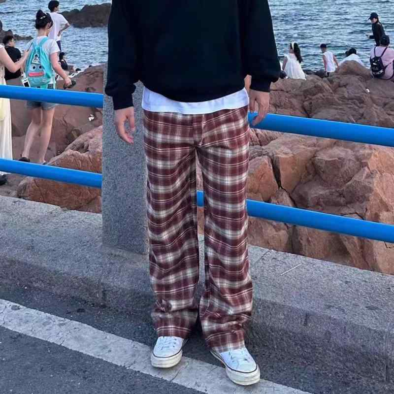 メンズ ファッション 春夏 秋冬 かっこいい オシャレ モテ 男性用 紳士服 服 韓国 シンプル 大人 アメリカン レトロ チェッ パンツ メンズ 春秋 トレート ワイド レッグ 薄手 ホーム モップ ロング パンツ カップル｜YKC8