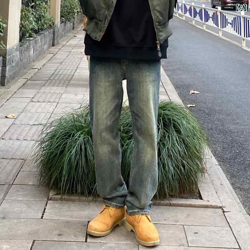 メンズ ファッション 春夏 秋冬 かっこいい オシャレ モテ 男性用 紳士服 服 韓国 シンプル 大人 春秋 メンズ アメリカン レトロ ウォッシュ ダメージ ジーンズ トレート ワイド レッグ ドレープ カジュアル ワーウェア ロング パンツ