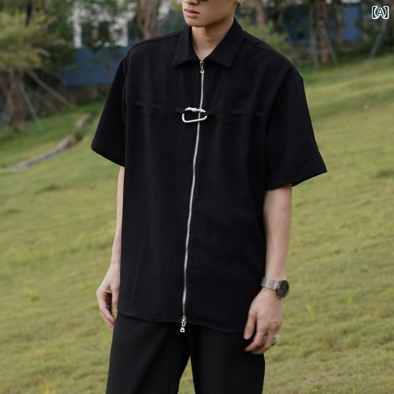 メンズ ファッション 春夏 秋冬 かっこいい オシャレ モテ 男性用 紳士服 服 韓国 シンプル 大人 ワッフル ジッパー 半袖 シャツ メンズ 韓国 タイル メタル カジュアル シャツ