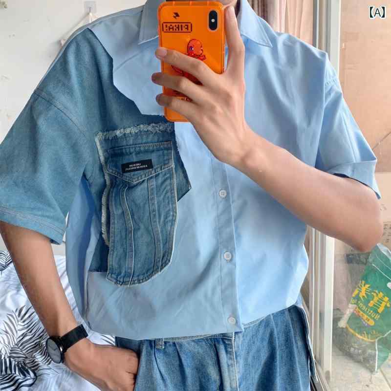 メンズ ファッション 春夏 秋冬 かっこいい オシャレ モテ 男性用 紳士服 服 韓国 シンプル 大人 デニム プイシング 半袖 シャツ メンズ 夏 薄手 韓国 タイル カジュアル 半袖 シャツ｜YKC8