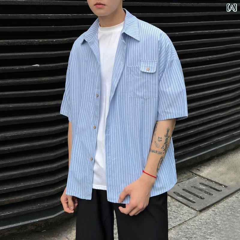 メンズ ファッション 春夏 秋冬 かっこいい オシャレ モテ 男性用 紳士服 服 韓国 シンプル 大人 アメリカン 縦縞 半袖 シャツ メンズ サマー カジュアル 半袖 シャツ ジャケット