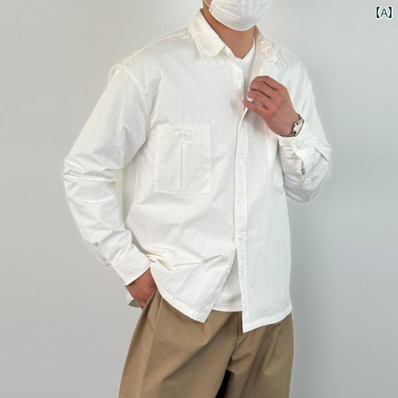 メンズ ファッション 春夏 秋冬 かっこいい オシャレ モテ 男性用 紳士服 服 韓国 シンプル 大人 高級 質感 ウォッシュド ポケット シャツ メンズ 長袖 春秋 カジュアル ゆったり ワーウェア ホワイト シャツ ジャケット