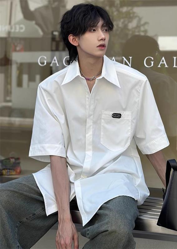 メンズ ファッション 春夏 秋冬 かっこいい オシャレ モテ 男性用 紳士服 服 韓国 シンプル 大人 高級 キューバ カー 半袖 白 シャツ メンズ 夏 韓国 カジュアル ドレープ 半袖 シャツ