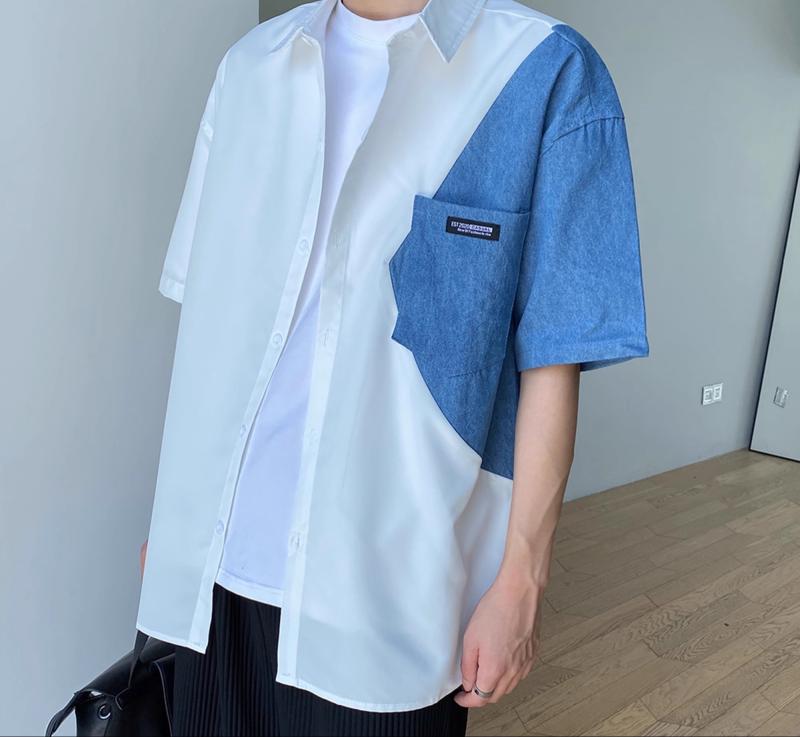 メンズ ファッション 春夏 秋冬 かっこいい オシャレ モテ 男性用 紳士服 服 韓国 シンプル 大人 デニム プイシング シャツ メンズ 半袖 夏 薄手 タイル シャツ ジャケット