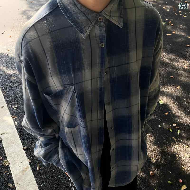 メンズ ファッション 春夏 秋冬 かっこいい オシャレ モテ 男性用 紳士服 服 韓国 シンプル 大人 アメリカン レトロ 古風 グラデーションの ハイエンド チェック柄 シャツ メンズ 長袖 カップル チェック柄 シャツ ジャケット