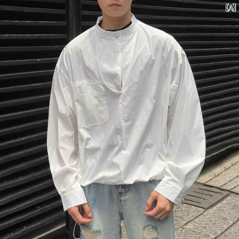 メンズ ファッション 春夏 秋冬 かっこいい オシャレ モテ 男性用 紳士服 服 韓国 シンプル 大人 スタンドカラー プルオーバー ハイエンド 長袖 シャツ メンズ 春秋 カジュアル ホワイト シャツ ジャケット