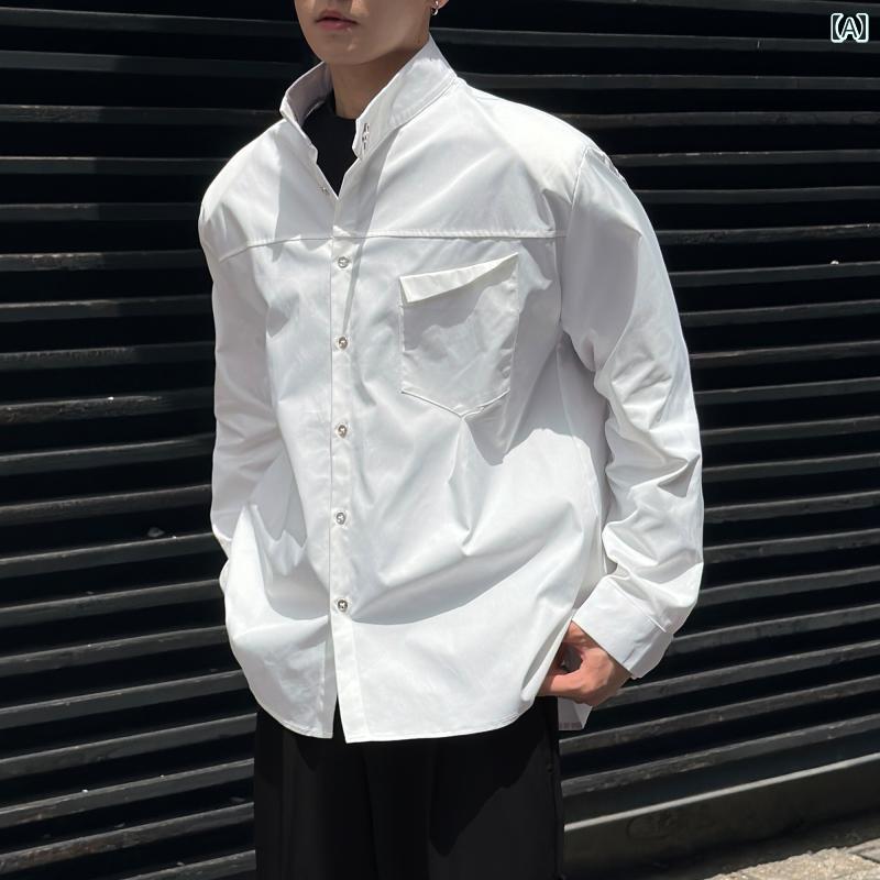 メンズ ファッション 春夏 秋冬 かっこいい オシャレ モテ 男性用 紳士服 服 韓国 シンプル 大人 アメリカン スタンドカラー ショルダーパッド シルエット ハイエンド シャツ メンズ 長袖 ホワイト シャツ ジャケット