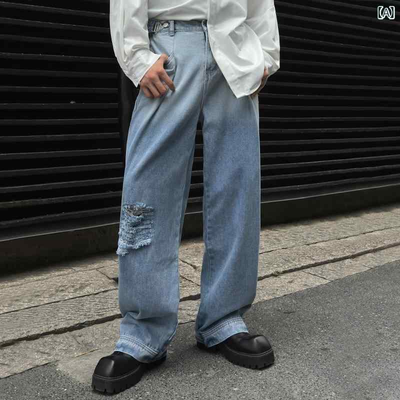 メンズ ファッション 春夏 秋冬 かっこいい オシャレ モテ 男性用 紳士服 服 韓国 シンプル 大人 アメリカン レトロ ウォッシュ 加工 ダメージ グラデーション ジーンズ メンズ 春夏 ストレート レッグ ワイド レッグ カジュアル ロング パンツ|YKC8