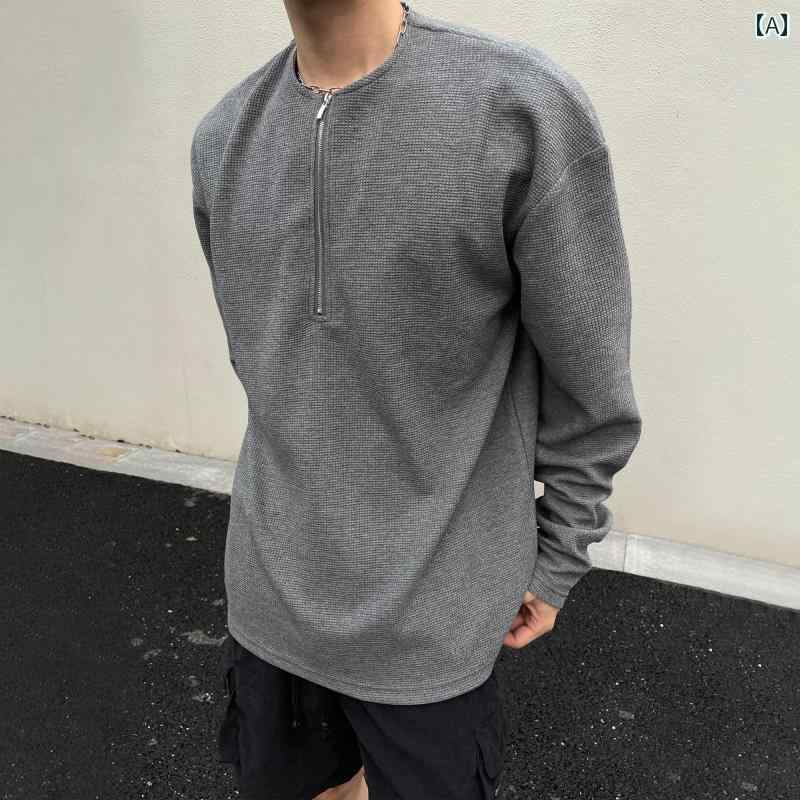メンズ ファッション 春夏 秋冬 かっこいい オシャレ モテ 男性用 紳士服 服 韓国 シンプル 大人 ハイエンド アメリカン ストリート ハーフ ジップ ワッフル スウェットシャツ 春秋 男性用 の クリーン フィット 長袖 T シャツ