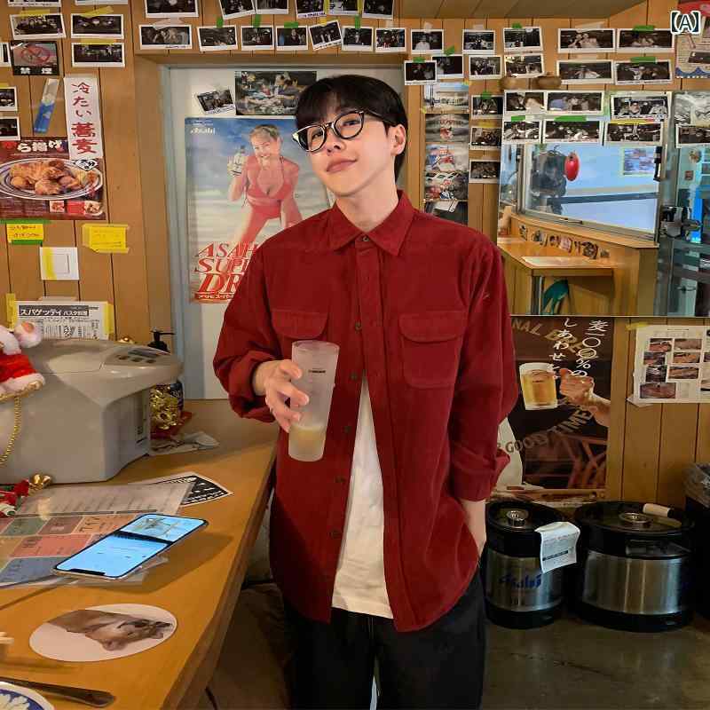 メンズ ファッション 春夏 秋冬 かっこいい オシャレ モテ 男性用 紳士服 服 韓国 シンプル 大人 アメリカン 干支 高級 ワイン レッド コーデュロイ 長袖 シャツ メンズ 春秋 年 ゆったり シャツ ジャケット
