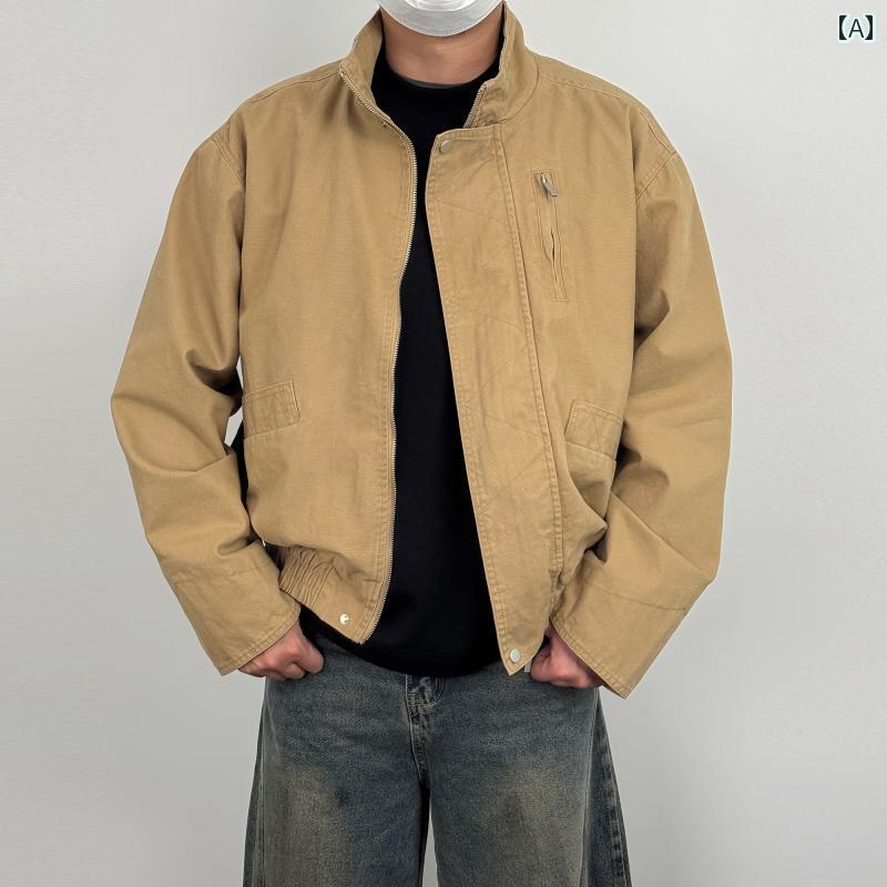 メンズ ファッション 春夏 秋冬 かっこいい オシャレ モテ 男性用 紳士服 服 韓国 シンプル 大人 アメリカン レトロ ボンバー スタンドカラー パイロット ジャケット メンズ ハイエンド ボックス ショート ワイド バーン スタイル ワークウェア ジャケット｜YKC8