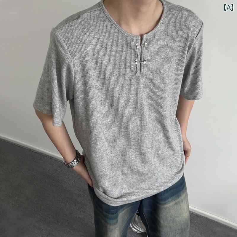 メンズ ファッション 春夏 秋冬 かっこいい オシャレ モテ 男性用 紳士服 服 韓国 シンプル 大人 アメリカンメタル バックル ショルダーパッド メンズ ハイエンド ピット ストライプ 半袖 T シャツ 夏 カジュアル ソリッドカラー 半袖 T シャツ