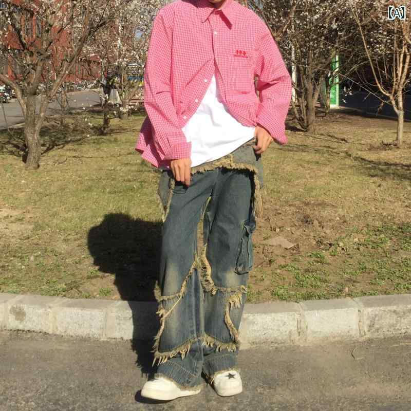 メンズ ファッション 春夏 秋冬 かっこいい オシャレ モテ 男性用 紳士服 服 韓国 シンプル 大人 スター アメリカ ストリート レトロ ロー エッジ ジーンズ メンズカジュアル ワイド レッグ ワークウェア パンツ
