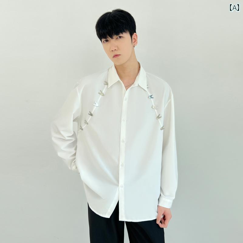 メンズ ファッション 春夏 秋冬 かっこいい オシャレ モテ 男性用 紳士服 服 韓国 シンプル 大人 メタリック ハイエンド シャツ メンズ 長袖 カジュアル 秋冬 白 シャツ