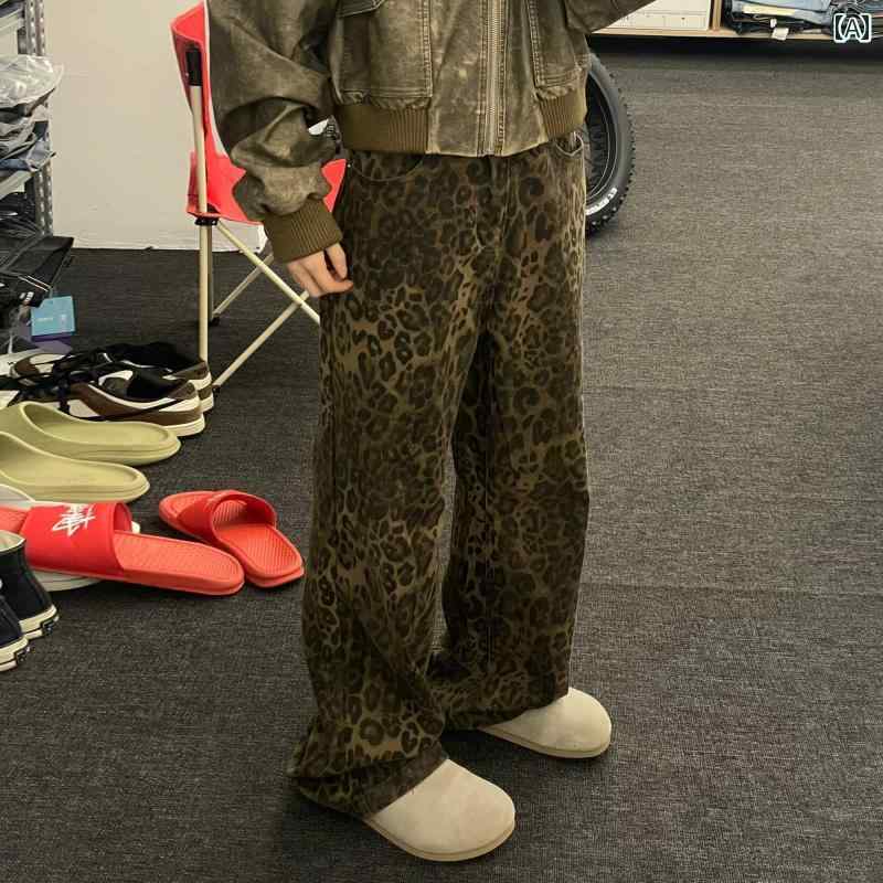 メンズ ファッション 春夏 秋冬 かっこいい オシャレ モテ 男性用 紳士服 服 韓国 シンプル 大人 アメリカン ストリート レトロ ヴィンテージ ヒョウ柄 ジーンズ メンズ ストレート ワイド レッグ カジュアル カップル パンツ