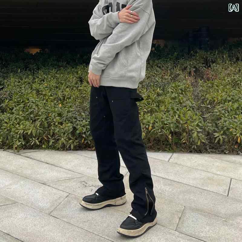 メンズ ファッション 春夏 秋冬 かっこいい オシャレ モテ 男性用 紳士服 服 韓国 シンプル 大人 ストリート アメリカンな ジッパー スリット マイクロフレア パンツ 男性用 ストレートな ワークウェア カジュアル フロア レングス パンツ
