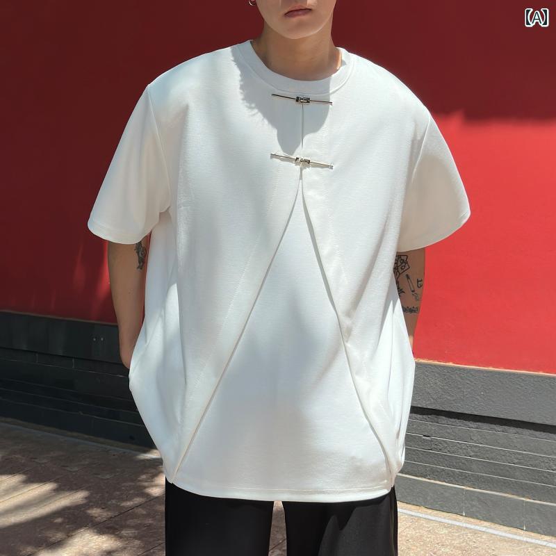 メンズ ファッション 春夏 秋冬 かっこいい オシャレ モテ 男性用 紳士服 服 韓国 シンプル 大人 中華風 ハイエンド ショルダーパッド ラウンドネック 半袖 T シャツ メンズ 夏 無地 半袖 T シャツ