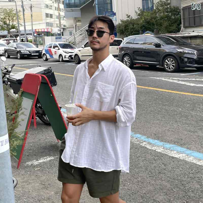 メンズ ファッション 春夏 秋冬 かっこいい オシャレ モテ 男性用 紳士服 服 韓国 シンプル 大人 ホワイト ハイエンド コットンリネン シャツ メンズ 長袖 春夏 薄手 カジュアル リネンシャツ ジャケット