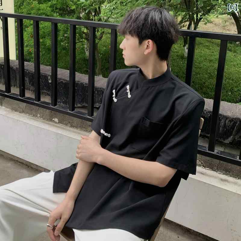 メンズ ファッション 春夏 秋冬 かっこいい オシャレ モテ 男性用 紳士服 服 韓国 シンプル 大人 中国 レトロ スタンドカラー 肩 パッド 半袖 シャツ メンズ 夏 中国 カジュアル シャツ