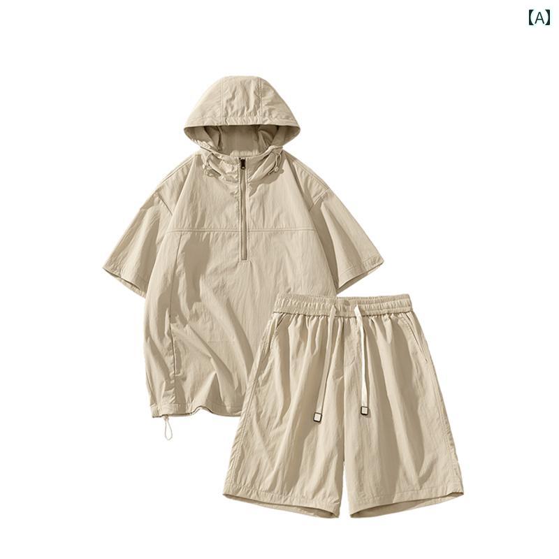 メンズ ファッション 春夏 秋冬 かっこいい オシャレ モテ 男性用 紳士服 服 韓国 シンプル 大人 夏 冷感 カジュアル スポーツ スーツ メンズカジュアル 薄手 フード付き ハーフ ジップポロシャツ ショーツ 2点 セット