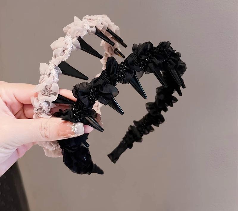 レディース ファッション 女性 かわいい おしゃれ 韓国 高級 ギフト プレゼント アクセサリー ジュエリー 髪飾り ヘア メッシュ ヘッド バンド カチューシャ 前髪 洗顔 シンプル フリル ビーズ レース 装飾｜YKC8