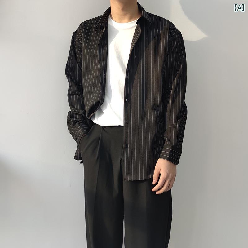 メンズ ファッション 春夏 秋冬 かっこいい オシャレ モテ 男性用 紳士服 服 韓国 シンプル 大人 精巧 しわ 防止 ストライプ メンズ ゆったり 長袖 シャツ 韓国 カジュアル 風 風 文芸 ジャケット