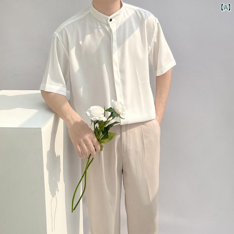 メンズ ファッション 春夏 秋冬 かっこいい オシャレ モテ 男性用 紳士服 服 韓国 シンプル 大人 夏 アイロン フリー メンズ 半袖 ホワイト シャツ 中華風 スタンドカラー ハイエンド ドレープ 冷感 カジュアル