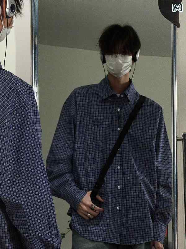 メンズ ファッション 春夏 秋冬 かっこいい オシャレ モテ 男性用 紳士服 服 韓国 シンプル 大人 アメリカン レトロ ブルー チェック柄 長袖 シャツ メンズ 春秋 韓国 ゆったり 高級 刺繍 チェック シャツ ジャケット