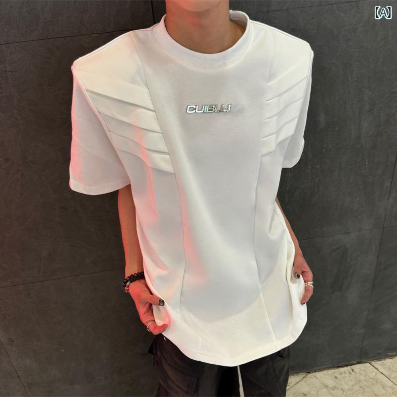 メンズ ファッション 春夏 秋冬 かっこいい オシャレ モテ 男性用 紳士服 服 韓国 シンプル 大人 クリーン フィットの 多層 構造の ショルダーパッド 半袖 メンズ 夏な ハイエンドの ゆったり 小さい ネック ラインの T シャツ