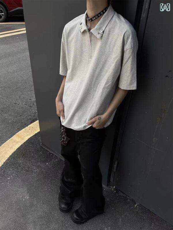 メンズ ファッション 春夏 秋冬 かっこいい オシャレ モテ 男性用 紳士服 服 韓国 シンプル 大人 ハーフ ジップ メタル ボタン POLO シャツ 半袖 T シャツ メンズイン レトロ アメリカン スタイル ハイエンド クールトップ