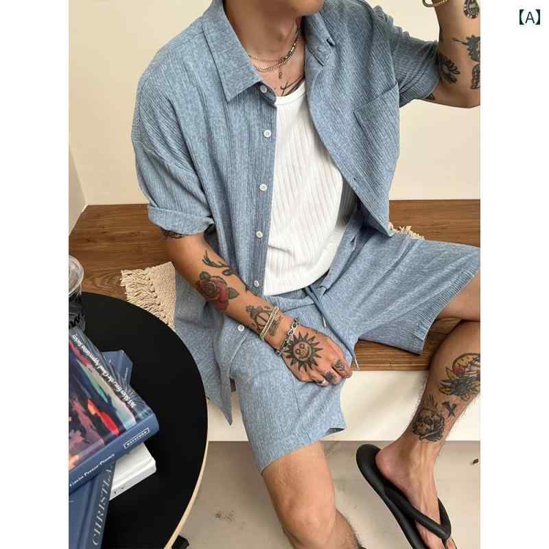 メンズ ファッション 春夏 秋冬 かっこいい オシャレ モテ 男性用 紳士服 服 韓国 シンプル 大人 オールド マネー ワンピース スーツ クール 半袖 シャツ メンズ サマー カジュアル ショート パンツ 薄手 ハイエンド ツーピース スーツ